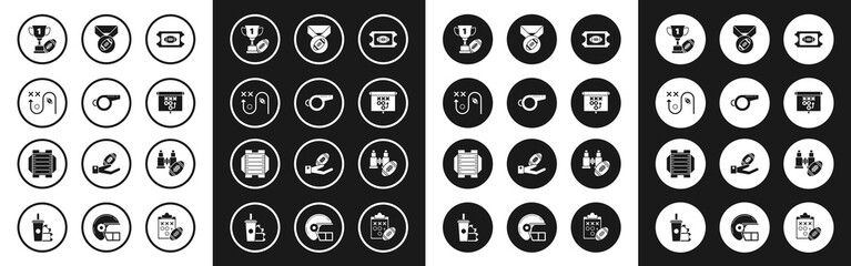 Fototapeta premium Set American Football ticket, Whistle, Planning strategy concept, Award cup and football, with medal, Binoculars american and field icon. Vector