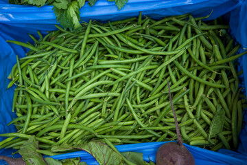 Green bean pods in polyethylene in a box