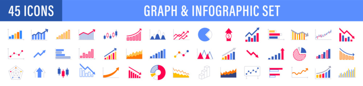 Business graphs and charts icons. Business infographics icons. Statistic and data, charts diagrams, money, down or up arrow, economy reduction. Financial chart. Vector illustration.
