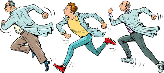 scientists run, scientific research. Doctors in white coats. Sports and health, anxiety and speed