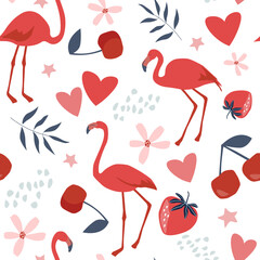Seamless pattern with flamingos, hearts, fruits. Summer abstract print. Ornament for the holidays of birthday, Valentine's Day. Vector graphics.
