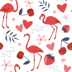 Stickers fenêtre Flamingo Modèle sans couture avec flamants roses, coeurs, fruits. Impression abstraite d& 39 été. Ornement pour les fêtes d& 39 anniversaire, Saint Valentin. Graphiques vectoriels.