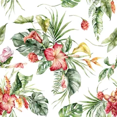 Selbstklebende Fototapeten Watercolor tropical flowers seamless pattern of hibiscus, calla, etlingera and heliconia. Hand painted flowers isolated on white background. Holiday Illustration for design, print or fabric. © yuliya_derbisheva