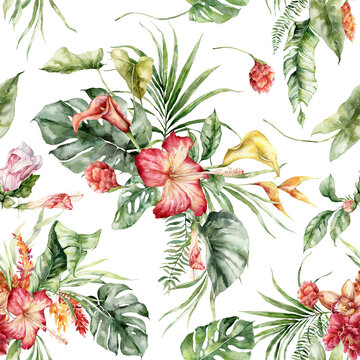 Watercolor tropical flowers seamless pattern of hibiscus, calla, etlingera and heliconia. Hand painted flowers isolated on white background. Holiday Illustration for design, print or fabric.