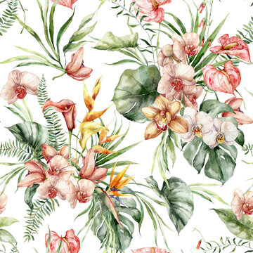Watercolor tropical flowers seamless pattern of anthurium, calla, heliconia and orchid. Hand painted flowers isolated on white background. Holiday Illustration for design, print or fabric.