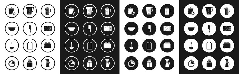 Set Teapot, Meat chopper, Bowl, Cooking and kitchen timer, Microwave oven, Measuring cup, Toaster with toasts and Kitchen ladle icon. Vector