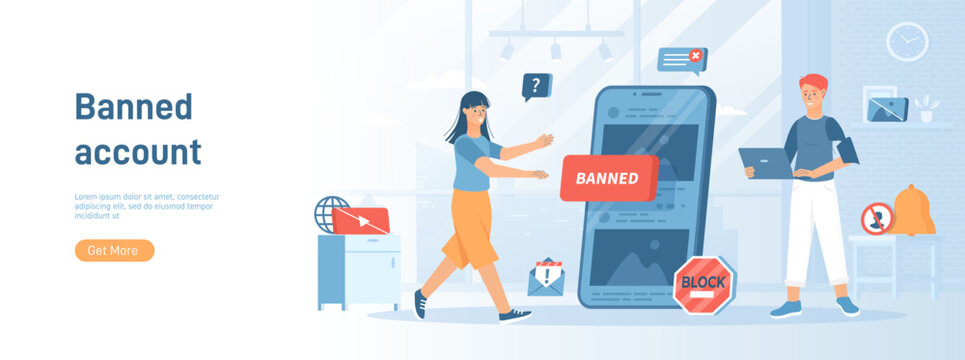 Blocking, banned user account on social media. Error, Access is denied. Account safety and secure. Flat concept great for social media promotional material. Website banner on white background.