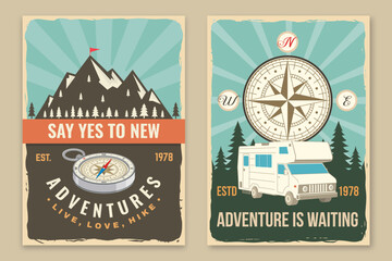 Set of camping poster, banner. Vector illustration Concept for shirt or logo, print, stamp or tee. Vintage typography design with compass, camper rv and forest silhouette. Camping quote.