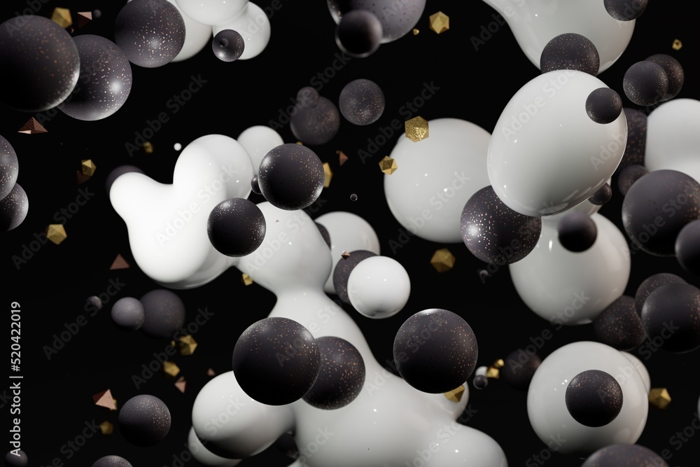 Poster abstract background. patterns of flying white and black spheres of different sizes, deformed bubbles
