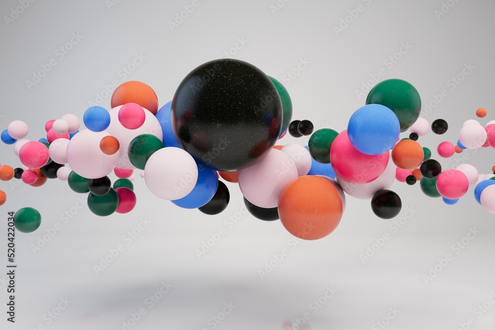 Poster abstract background. patterns of airy multi-colored spheres of different sizes flying over a white b