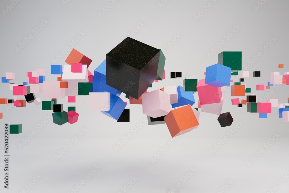 Poster abstract background. patterns of multi-colored cubes of different sizes scattered over a white backg