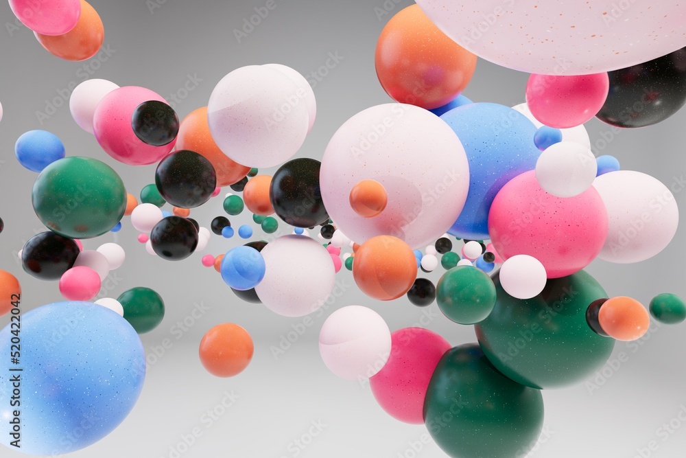 Poster abstract background. patterns of airy multi-colored spheres different sizes flying over a white back