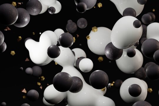 abstract background. patterns of flying white and black spheres of different sizes, deformed bubbles. 3d illustration. 3d render