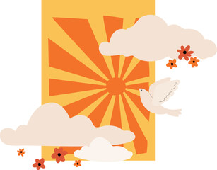 Fototapeta premium Set of retro illustrations with mushrooms, red flowers clipart, Groovy vector compositions with clouds, sun, moon, stars, rainbows, mountains in flat style clip art.