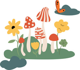 illSet of retro illustrations with mushrooms, red flowers clipart, Groovy vector compositions with clouds, sun, moon, stars, rainbows, mountains in flat style clip art.