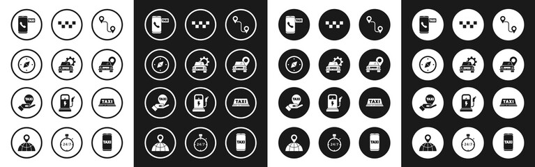Set Route location, Car service, Compass, Taxi call telephone, Map pointer with taxi, car roof, and Hand map icon. Vector