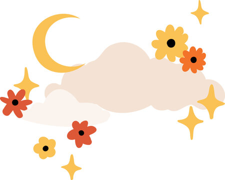 Set of retro illustrations with mushrooms, red flowers clipart, Groovy vector compositions with clouds, sun, moon, stars, rainbows, mountains in flat style clip art.