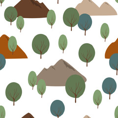 Seamless pattern with retro mountains and trees, Digital paper with hills, Endless backgrounds, Groovy vector illustration clipart.