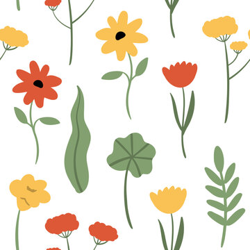 Seamless pattern with retro yellow flowers, Digital paper with red flowers, Floral endless backgrounds, Groovy vector illustration clipart.