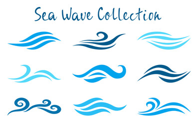 Sea wave collection. Marine elements vector illustration. Ocean wave icon set. Sea wave surfing logo design. Fluid water motion, blue flowing wavy elements. Sailing teal emblems. Water stream concept.