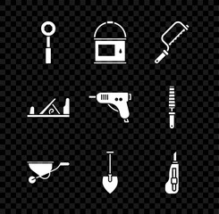 Set Wrench spanner, Paint bucket, Hacksaw, Wheelbarrow, Shovel, Stationery knife, Wood plane tool and Electric hot glue gun icon. Vector
