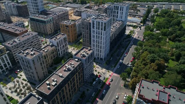 Drone aerial view modern building Residential complex Faina Town. Construction of residential premises. Kyiv capital of Ukraine