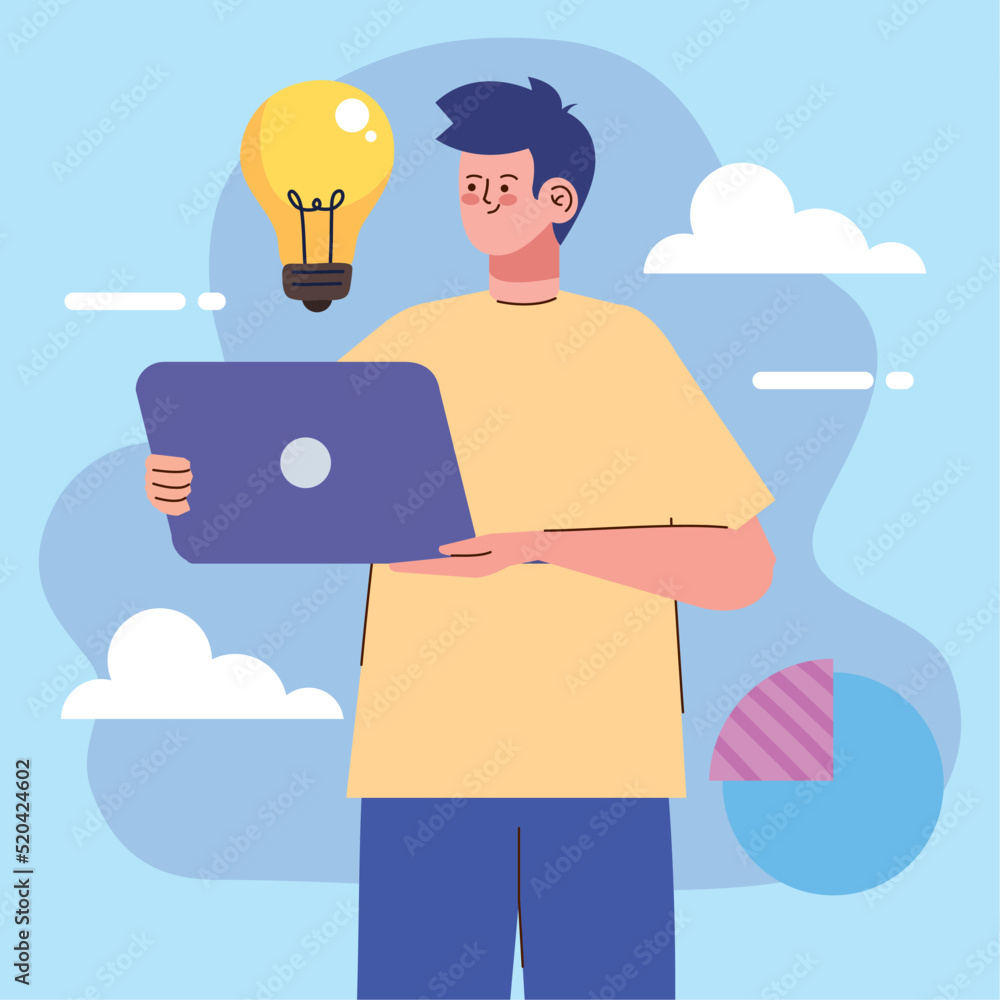 Poster man with laptop computer