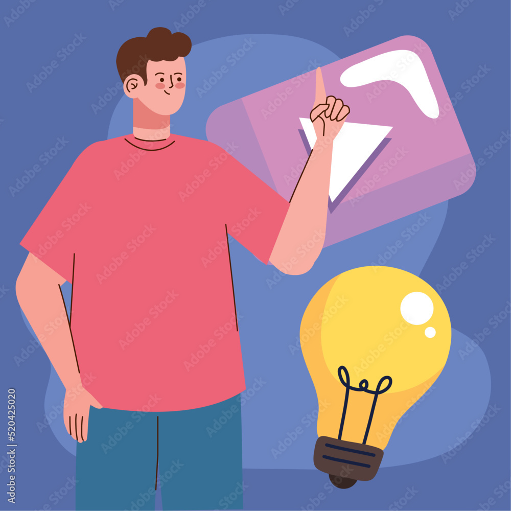 Poster man with bulb and play button