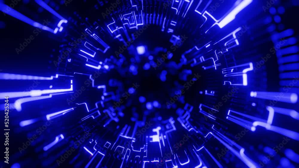 Poster concentric structures. fly through technology cyberspace with neon glow. sci-fi flight through hi-te
