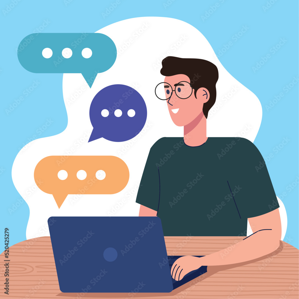 Poster man using laptop computer