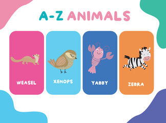 Cute animal flashcards for children. Printable colourful game cards. Preschool Education. Vector illustration