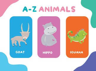 Cute animal flashcards for children. Printable colourful game cards. Preschool Education. Vector illustration