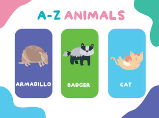Cute animal flashcards for children. Printable colourful game cards. Preschool Education. Vector illustration