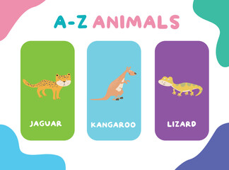 Cute animal flashcards for children. Printable colourful game cards. Preschool Education. Vector illustration
