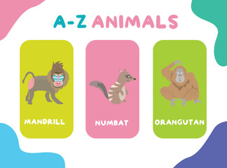 Cute animal flashcards for children. Printable colourful game cards. Preschool Education. Vector illustration