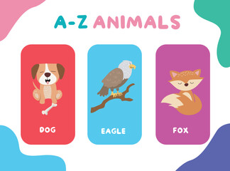 Cute animal flashcards for children. Printable colourful game cards. Preschool Education. Vector illustration