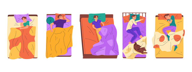 Cartoon sleeping men, resting male characters in beds. Bedtime scenes, young guys sleeping in beds under blankets flat vector symbols illustration set. Asleep people collection