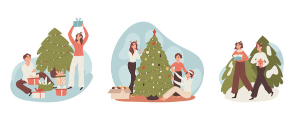 Christmas eve, winter holiday celebrating people. Xmas party event preparation, family and friends winter activities cartoon flat illustration set. Happy celebrating characters
