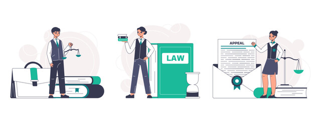 Legal service workers, law firm support and consultation concept. Law and justice research, lawyers litigation issues, lawyer, notary characters flat vector illustration set. Justice scenes