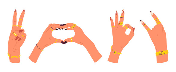 Woman hands with manicure, manicure salon concept, nail care collection. Cartoon female manicured palm hands, nail design and golden jewelry flat vector illustration set