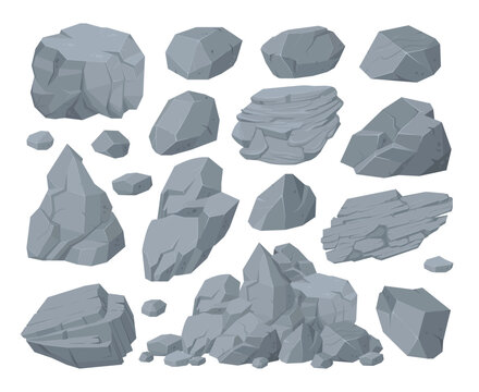 Cartoon granite stones, mountain rock stone heap. Boulder rocky stones, granite rocks and grey pebbles vector symbols illustration set. Stones collection