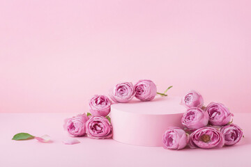 pink background with roses and podium for cosmetics and accessories