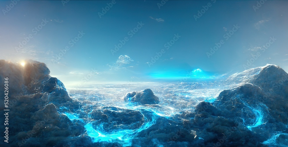 Poster amazing futuristic magical landscape. streams and rivers flow down the slopes of mountains and rocks
