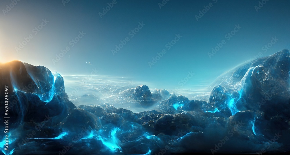 Poster amazing futuristic magical landscape. streams and rivers flow down the slopes of mountains and rocks