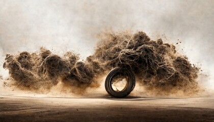 Fototapeta Drag racing, drift, rally, motocross, off-road and so on. Isolated tire tracks, the wheel dissolves into small particles, a beautiful background of sports rubber. 3D illustration obraz