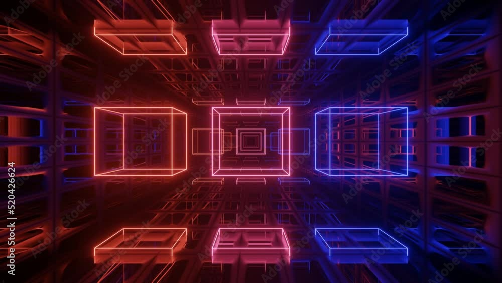 Poster hi-tech neon sci-fi tunel. trendy neon glow lines form pattern and construction in mirror tunnel. fl