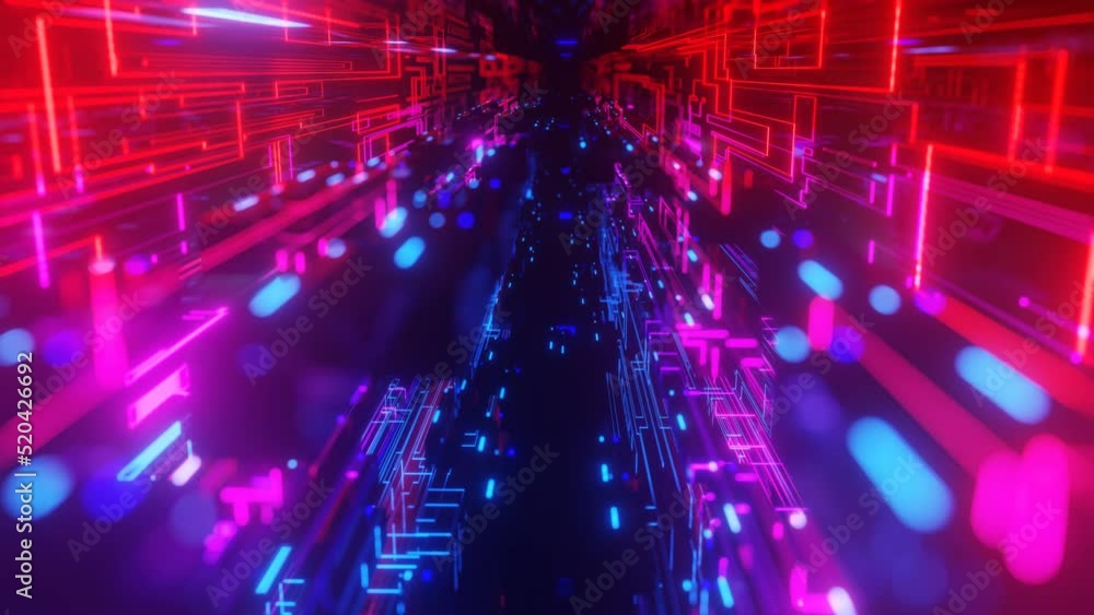 Poster pattern like sci-fi hologram. fly through technology cyberspace with neon glow. sci-fi flight throug