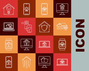 Set line Laptop with smart home with wi-fi, Smart watch, Mobile phone, Digital door lock wireless technology for lock, house and alarm, light bulb and House under protection icon. Vector