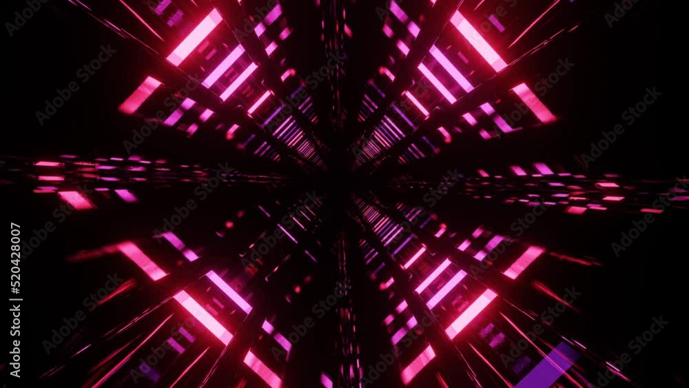 Poster Fly through mirror designs form tunnel technology cyberspace with neon glow. Sci-fi flight through design complexity. Neon light. 3d looped seamless 4k bright background.