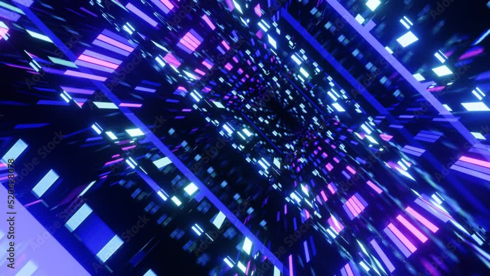 Poster fly through mirror designs form tunnel technology cyberspace with neon glow. sci-fi flight through d